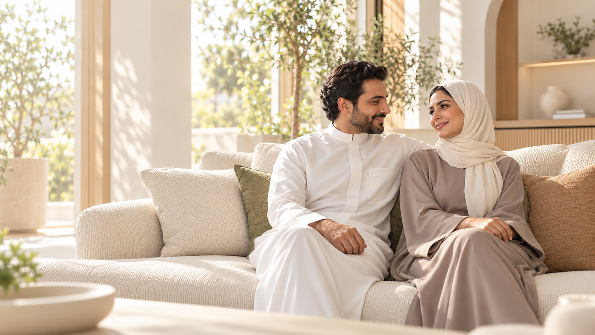 مشهد تخيلي مولّد لزوجين خليجيين في منزل عصري بإضاءة طبيعية